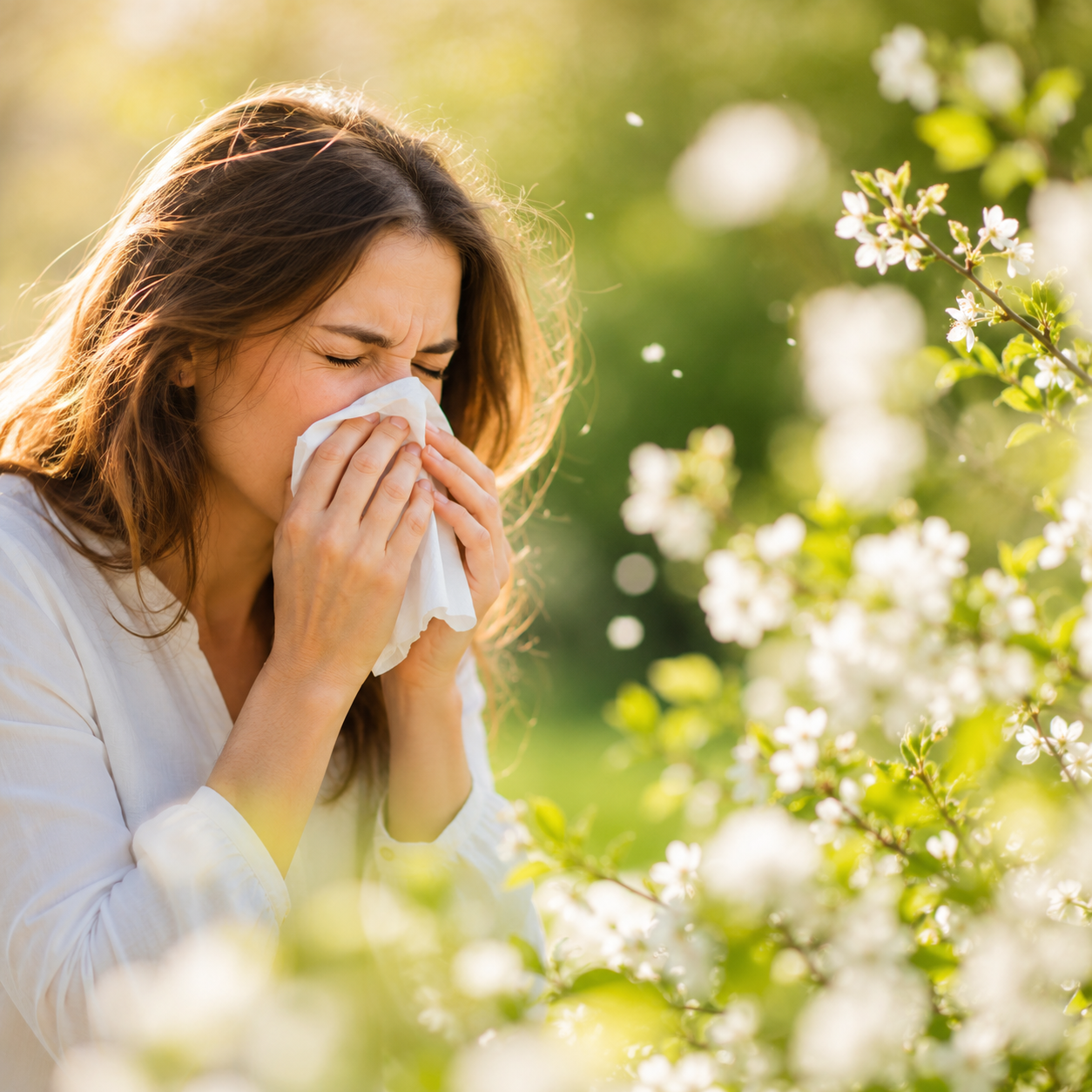 Frau, Hintergrund Natur, Taschentuch vor der Nase, Allergie