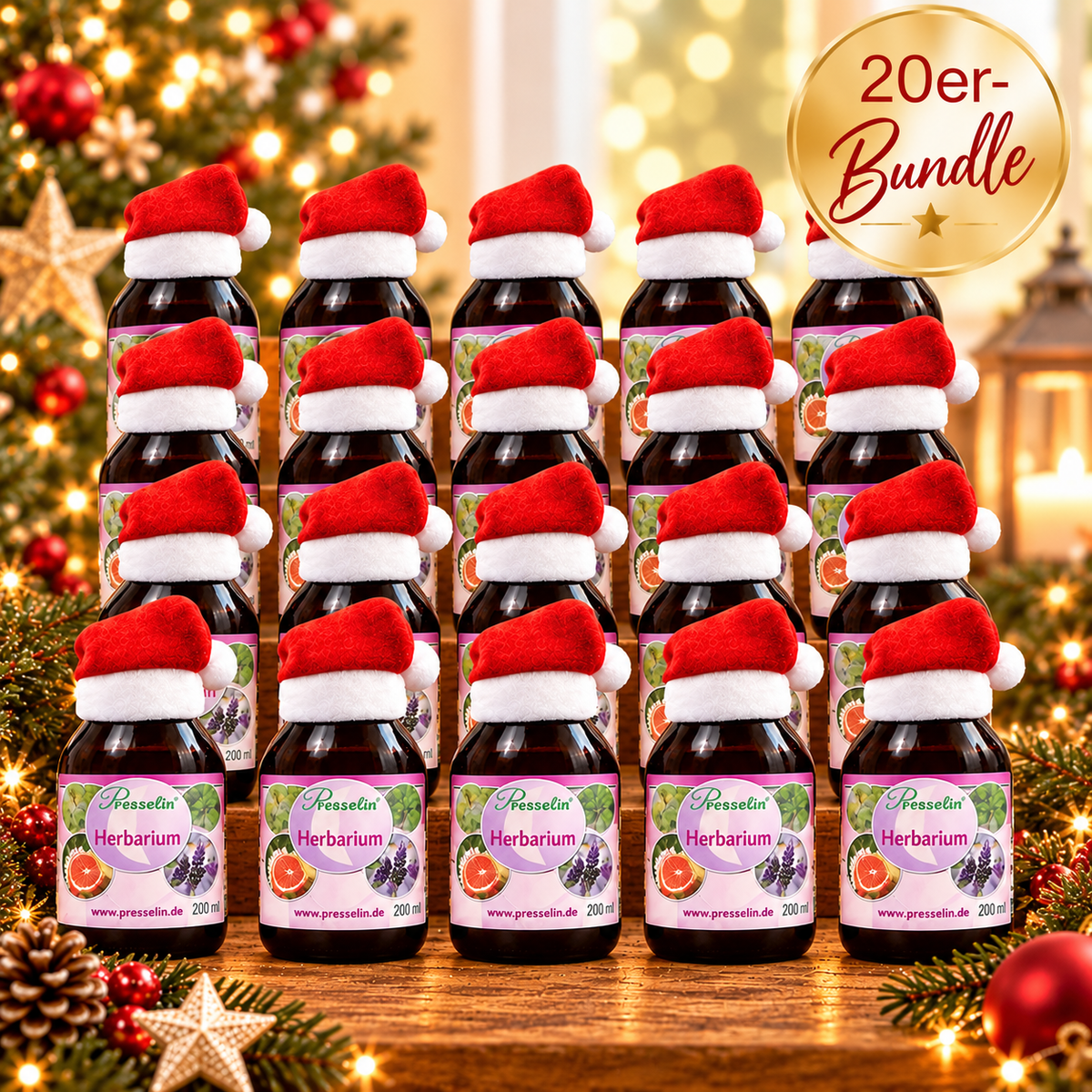 Bundlepreis 20 x Presselin Herbarium, Glasflasche mit 200 ml mit Weihnachtsmütze