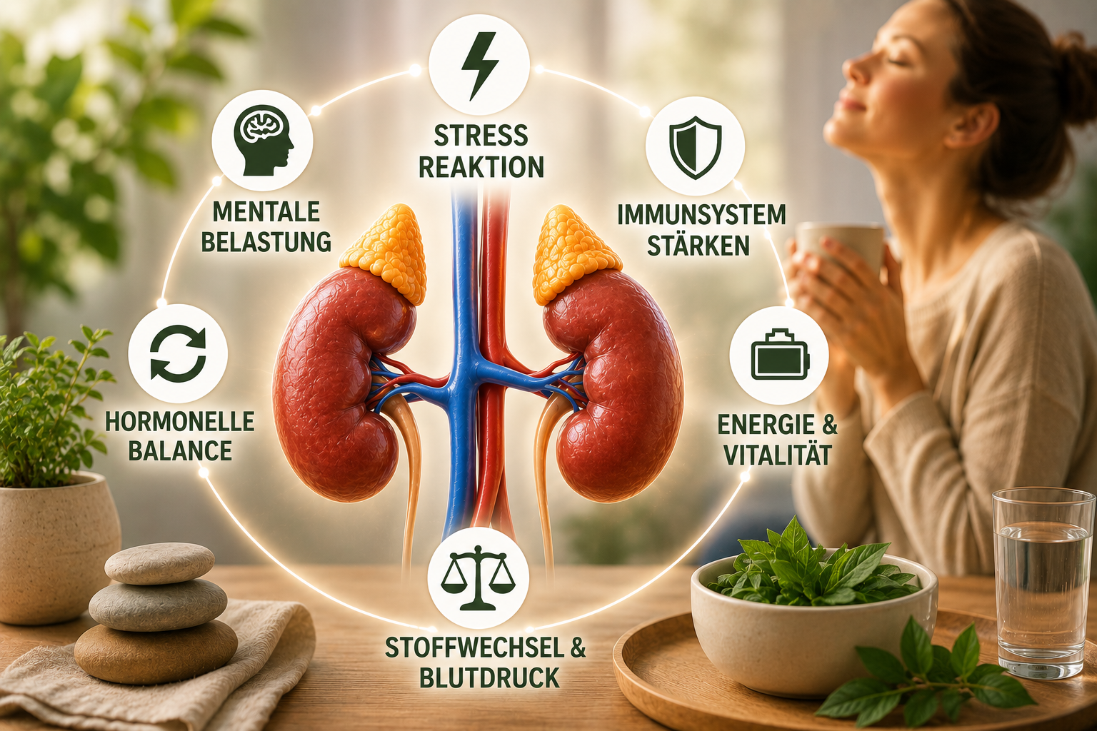 Darstellung der Nebennieren im Zusammenhang mit Energie und innerer Balance, mentale Belastung, Stress, Raktion, Stoffwechsel und Blutdruck, Immunsystem