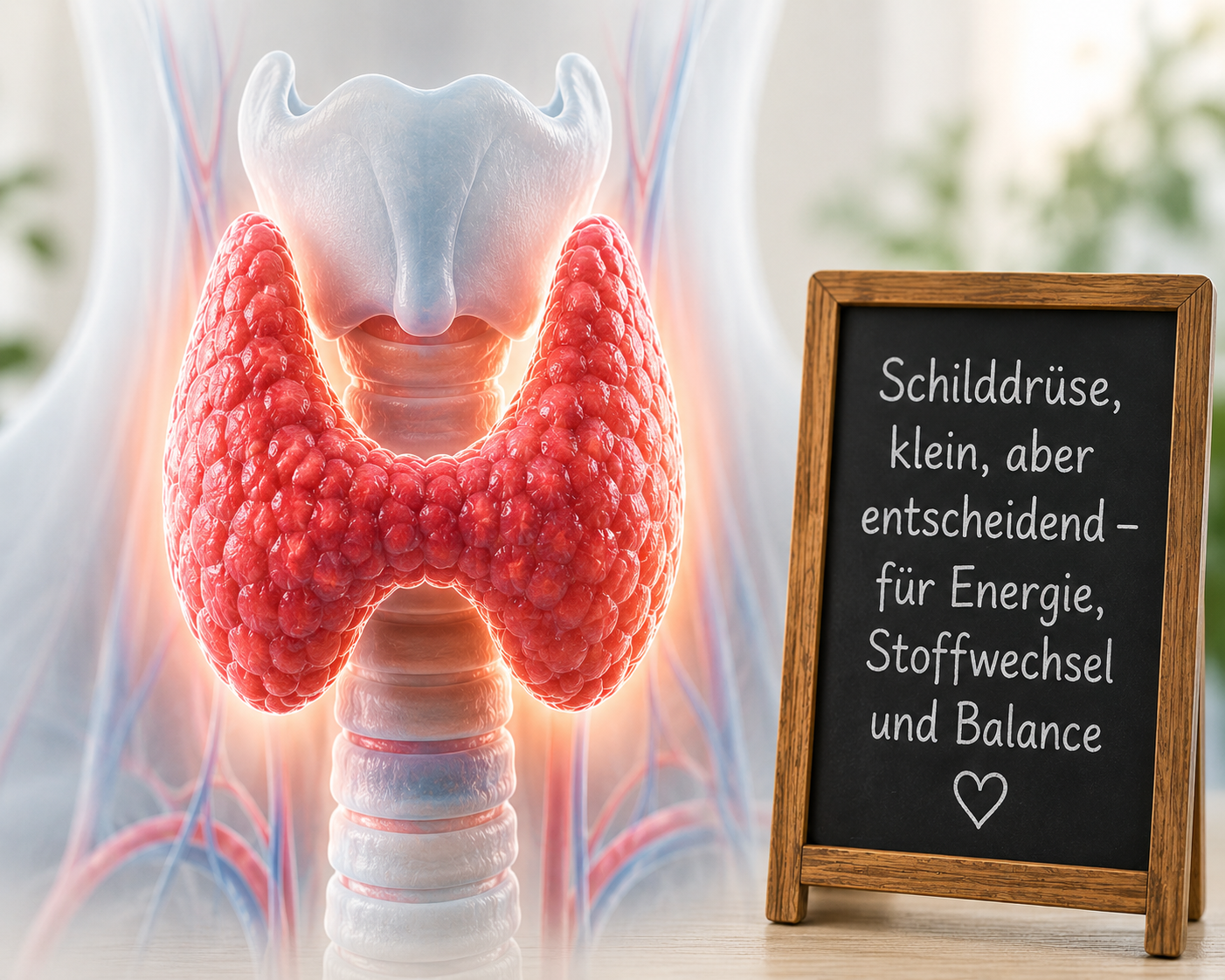 Darstellung der Schilddrüse mit Hinweis auf Energie, Stoffwechsel und Balance