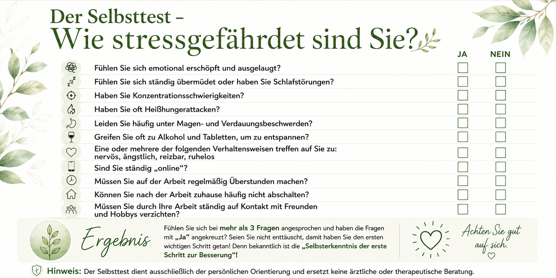 Formular zum Ankreuzen, Stressgefährdung, Test, Selbsttest