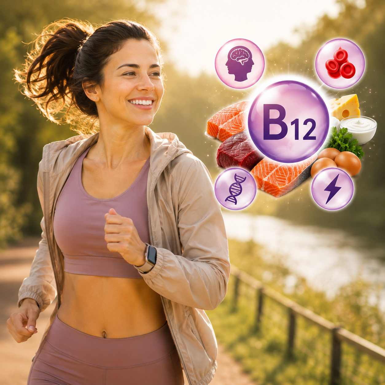 Junge Frau beim Joggen, Symbol Vitamin B12