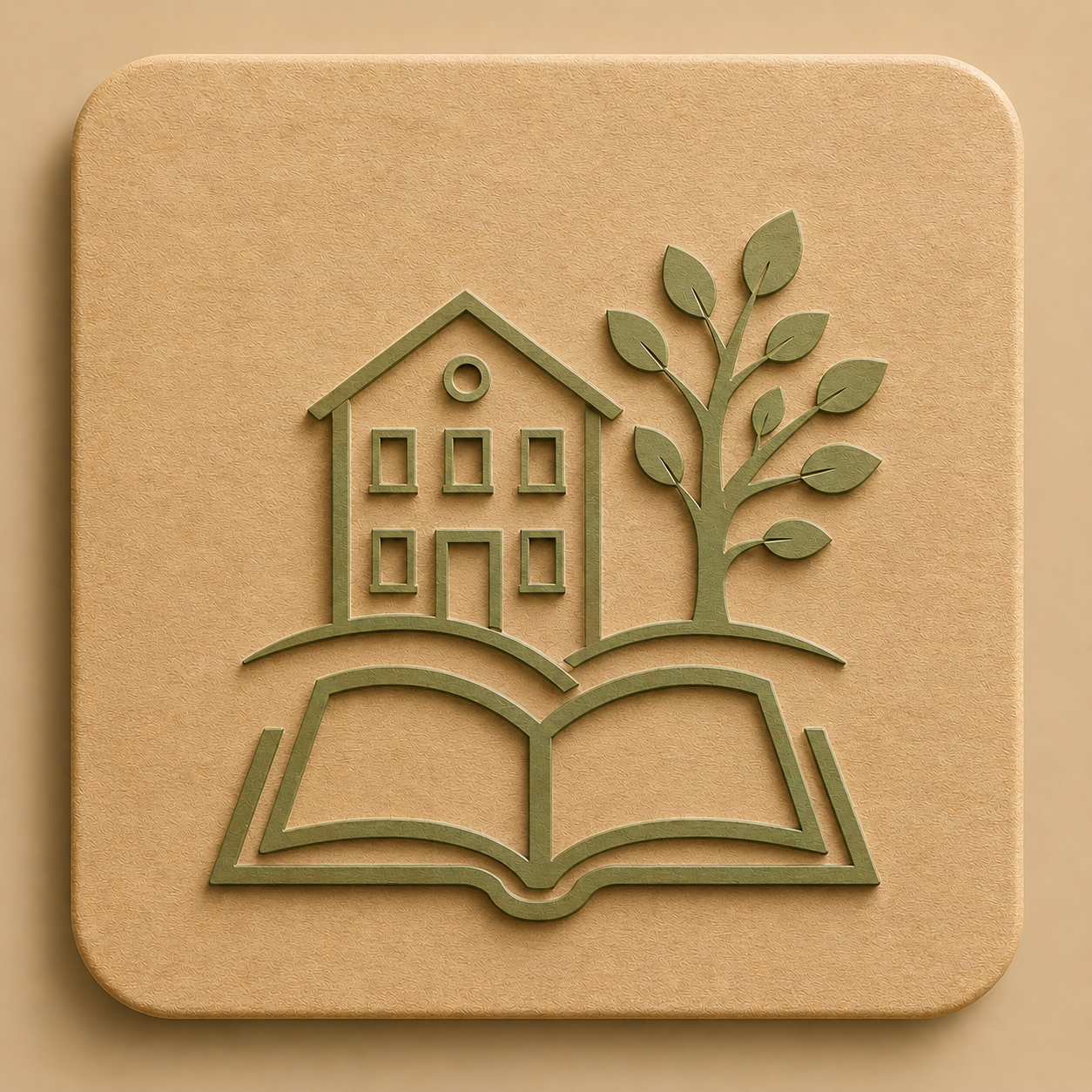 aufgeschlagenes Buch, Haus und Baum im Hintergrund als Symbol für Geschichte