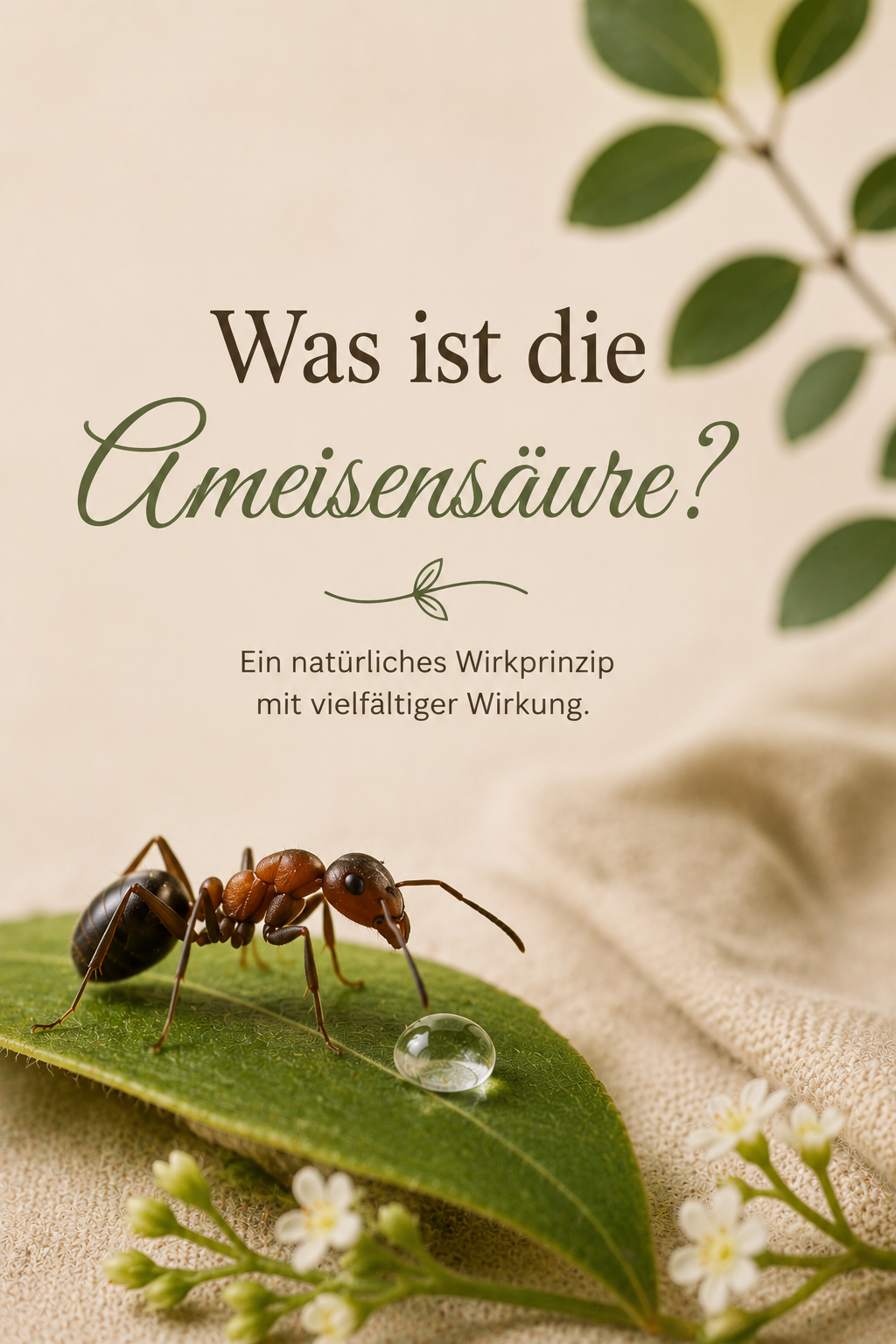 Darstellung der Ameisensäure mit Ameise auf grünem Blatt