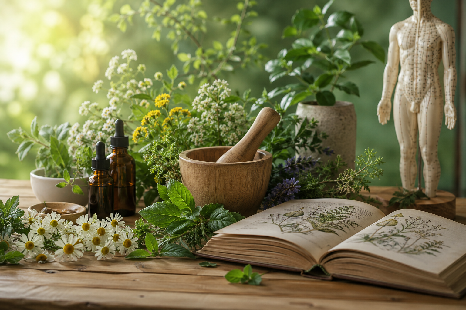 Darstellung Wissenswertes in der Naturheilkunde, Körper mit Reflexzonen, Buch, Tinkturflaschen, Mörser