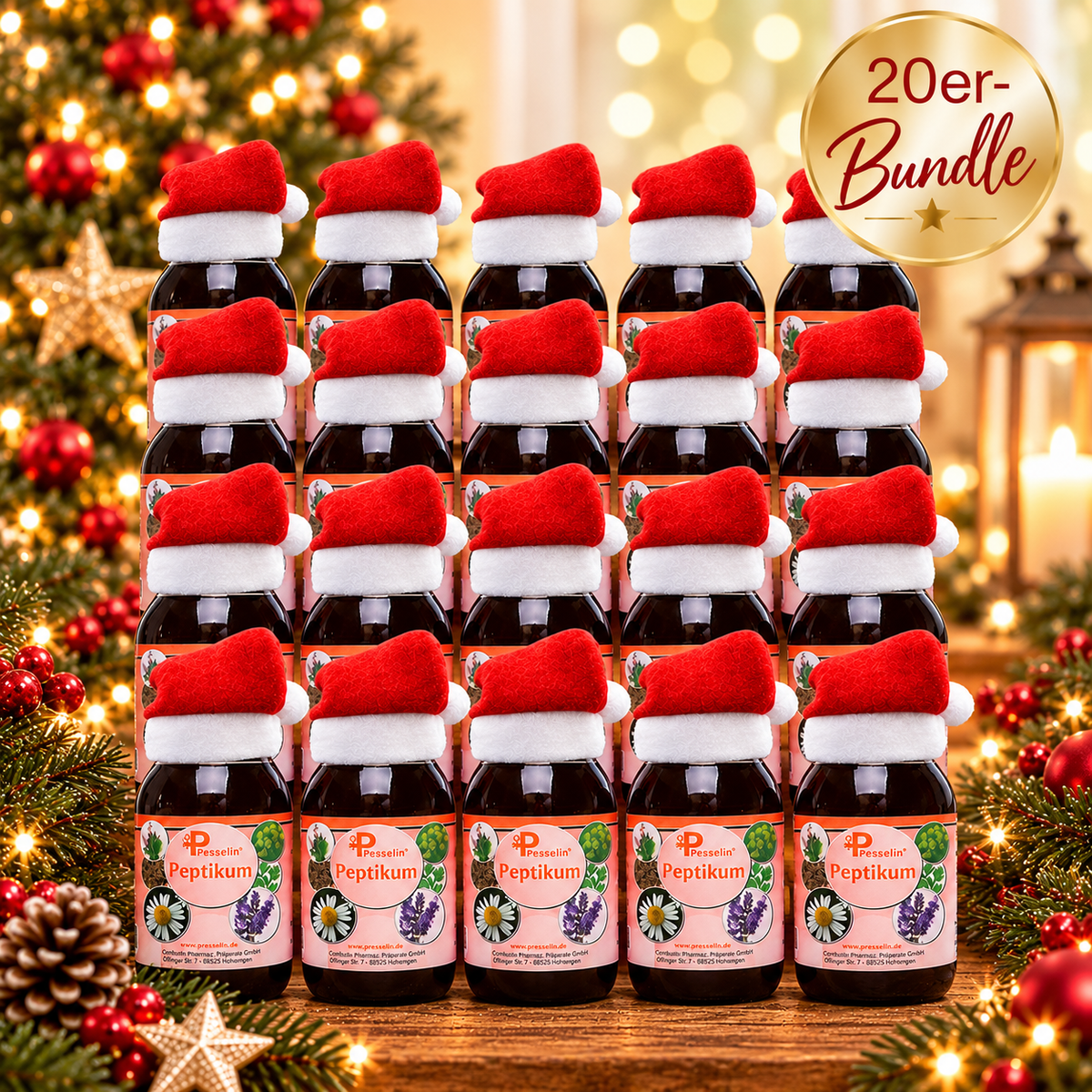 Bundlepreis: 20 x Presselin Peptikum, Glasflasche mit 200 ml mit Weihnachtsmütze