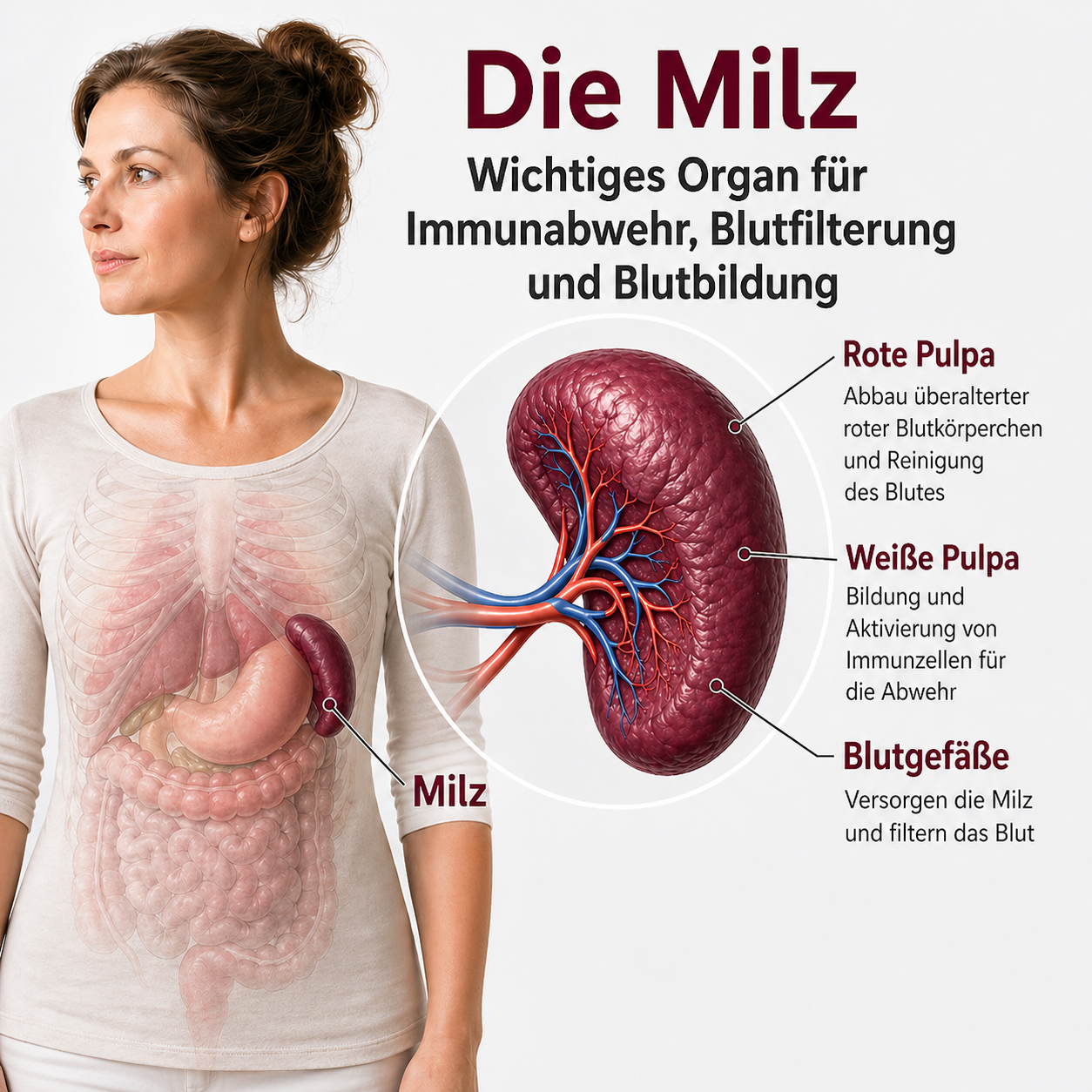 Darstellung der Milz im Körper mit Erklärung zu roter und weißer Pulpa und Blutgefäßen