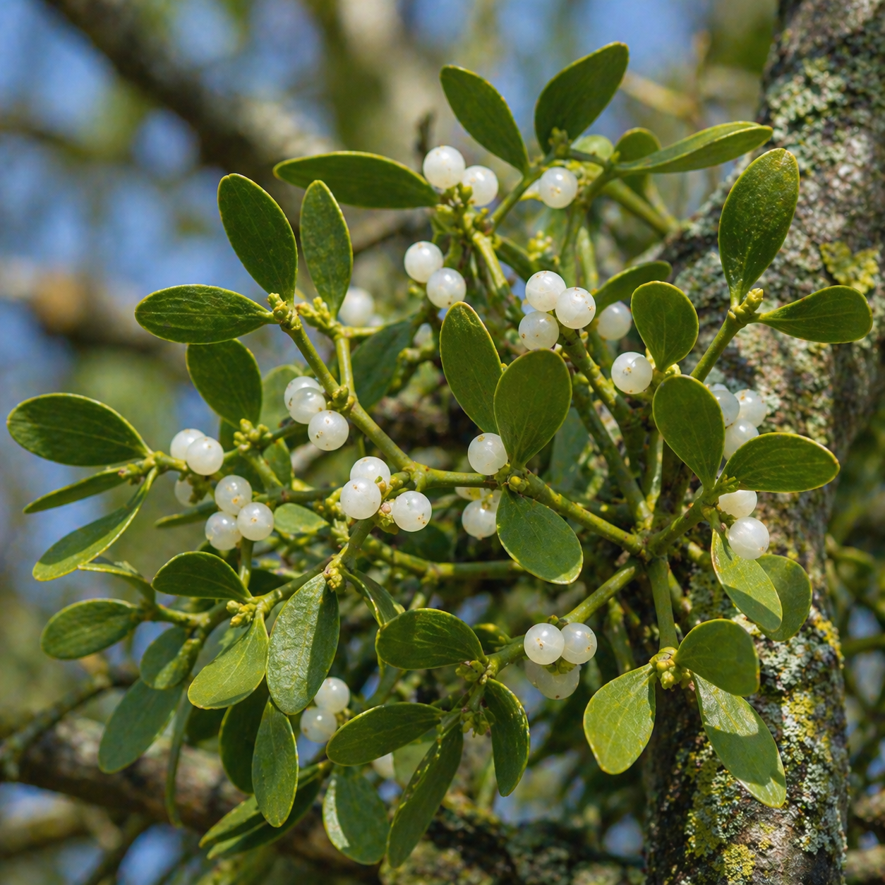 Mistelzweige mit weißen Beeren in natürlicher Umgebung