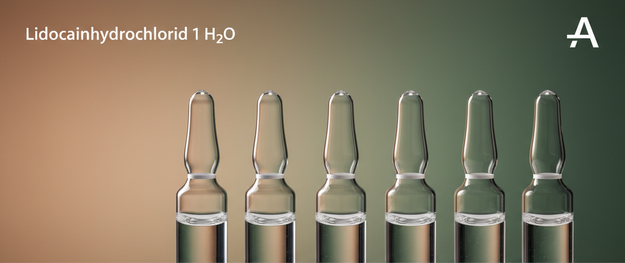 bitte mit apothekenzeichen braun-grüner hintergrund, formel Lidocainhydrochlorid 1 H2O, ampullen klar und klare flüssigkeit, hier kein bezug natur