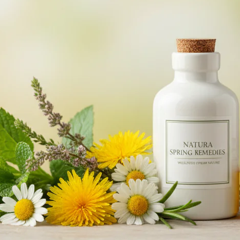 Natura Spring Remedies – weiße Kräuterflasche mit Korken umgeben von Gänseblümchen, Löwenzahn und frischen Heilkräutern.