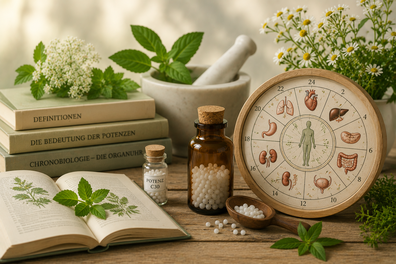 Darstellung Organuhr und weiteren Definitionen in der Naturheilkunde, Potenzen, Chronobiologie