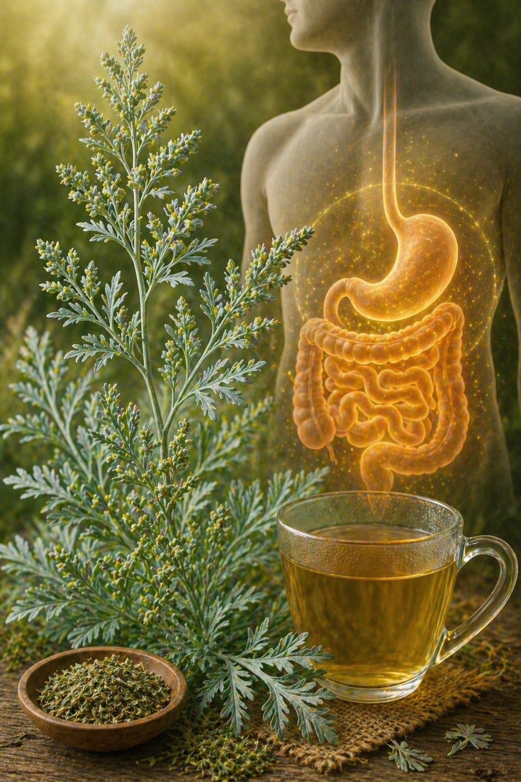 Wermutpflanze mit Darstellung Organbezug, Tee und Schale mit getrocknetem Wermut